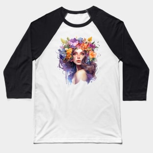 Woman with flowers on her head Baseball T-Shirt